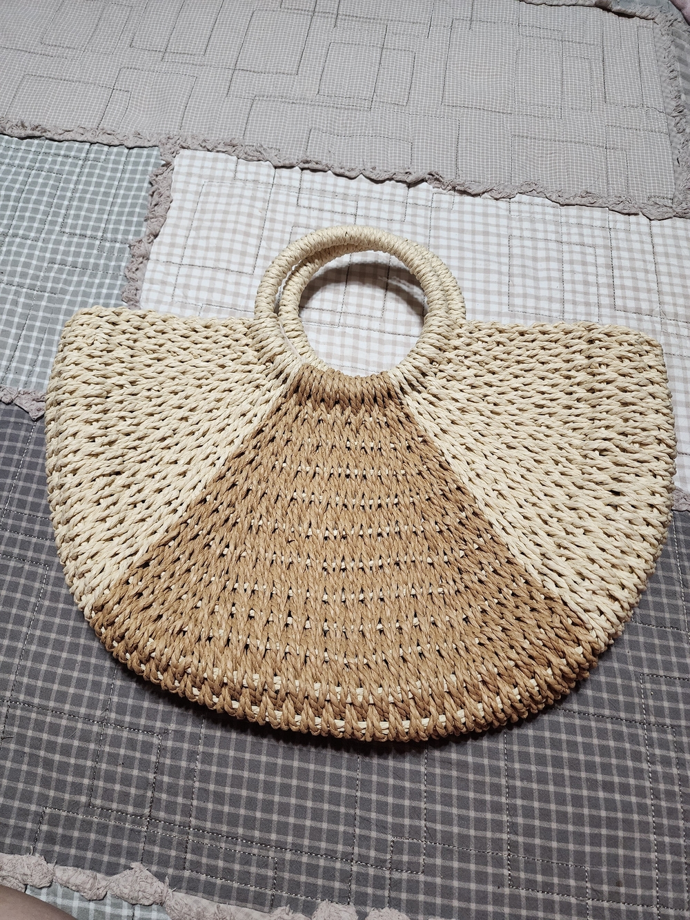 Two-Tone Woven Straw Tote Bag - Natural/Tan